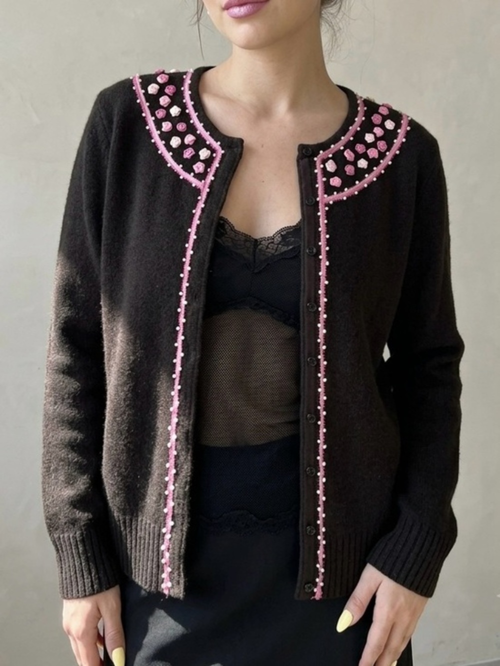ALEXANDRA BARTLETT Vintage Lambswool Ribbon Rosette Beaded Cardigan Sweater